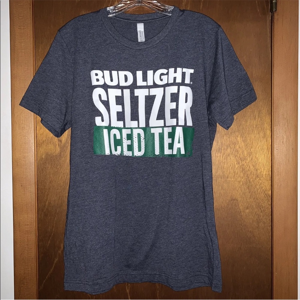 Women’s CANVAS M BUD LIGHT SELTZER ICED TEA  Heathered Blue T-Shirt Tee NWOT